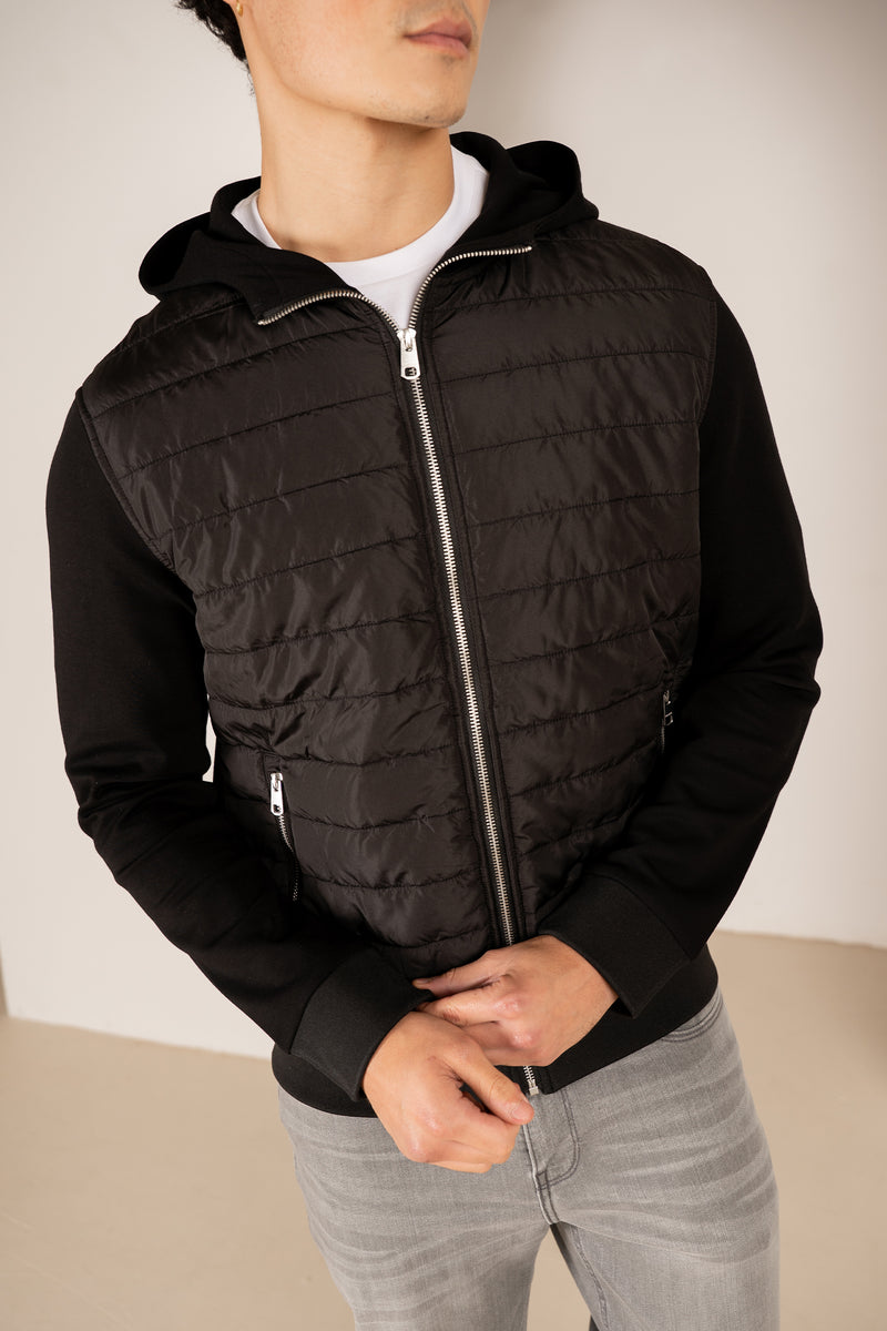 Hybrid Quilted Zip Through Hooded Jacket - Black