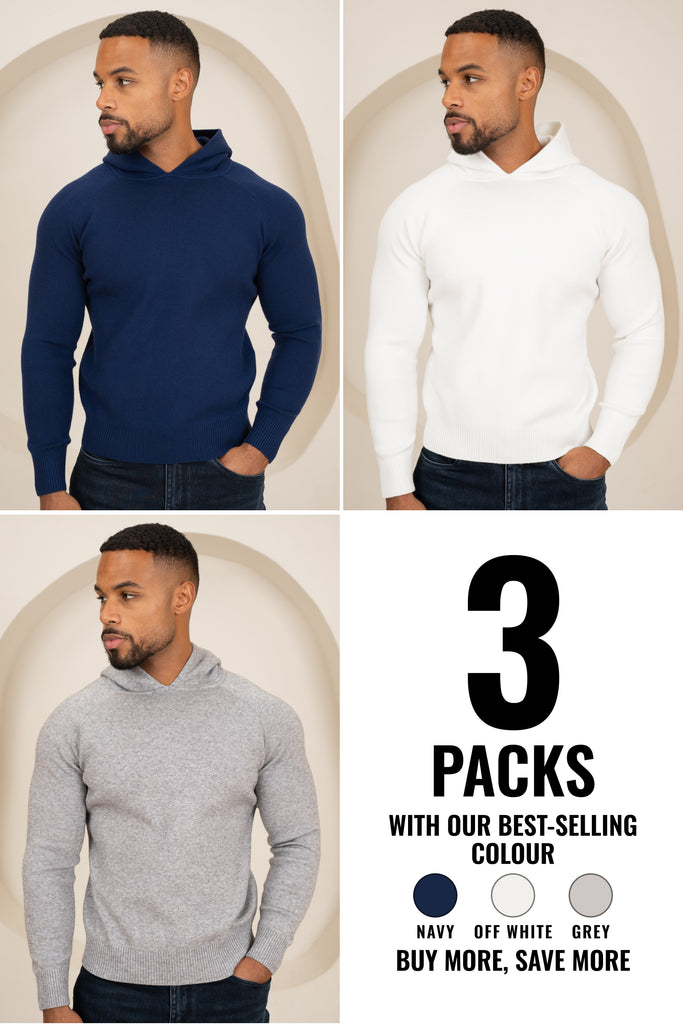 Slim Fit Knitted Hoodie - 3 Colours(Navy, Off White, and Grey) - 3 Pack
