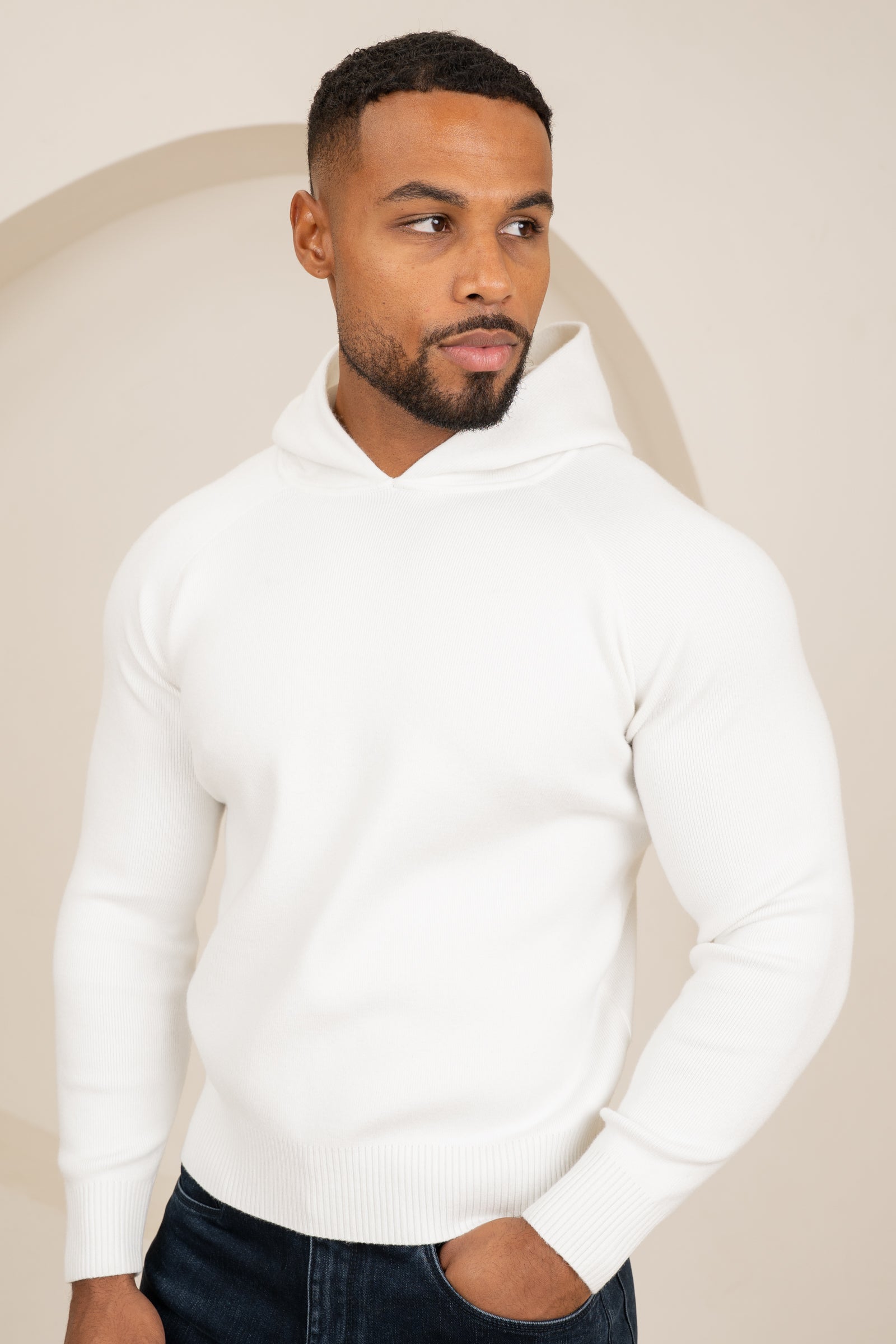 Slim Fit Knitted Hoodie - Off White
