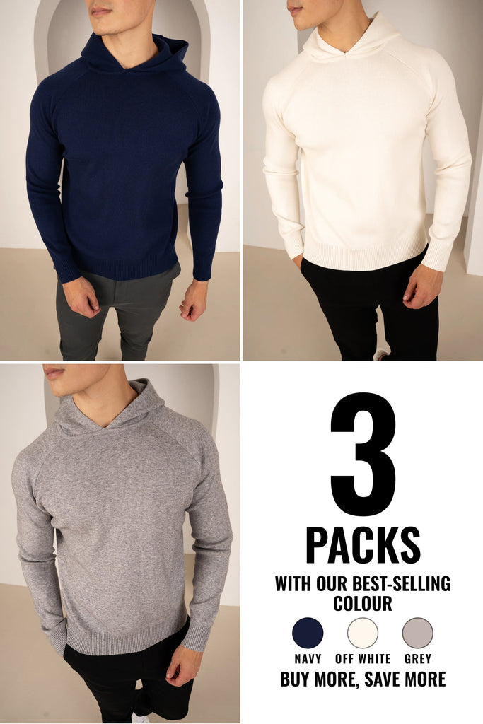 Slim Fit Knitted Hoodie - 3 Colours(Navy, Off White, and Grey) - 3 Pack