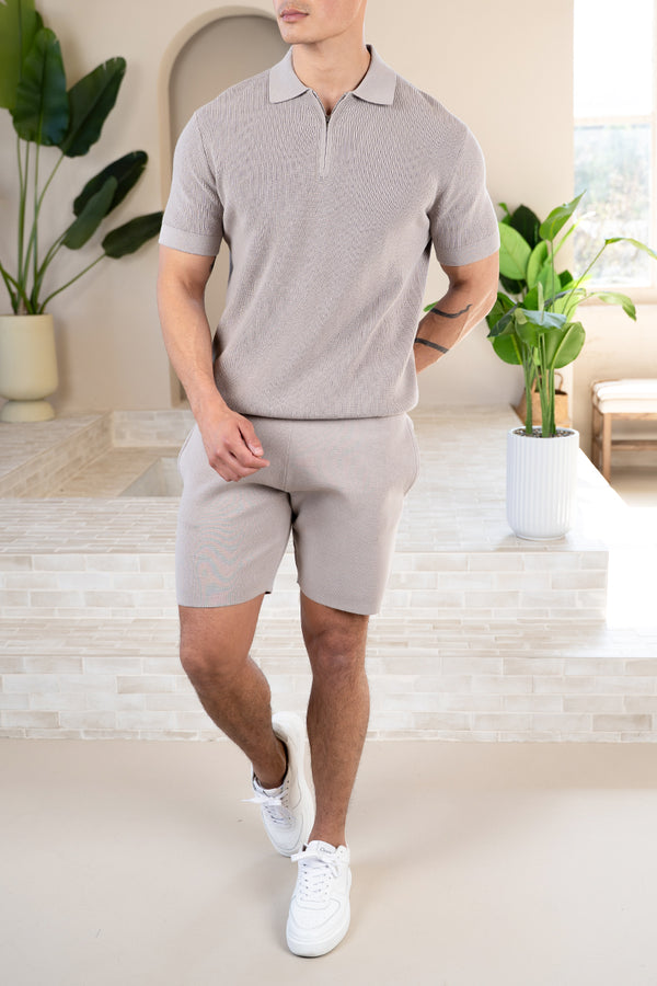 Premium Ribbed Knitted Polo Shirt - Taupe