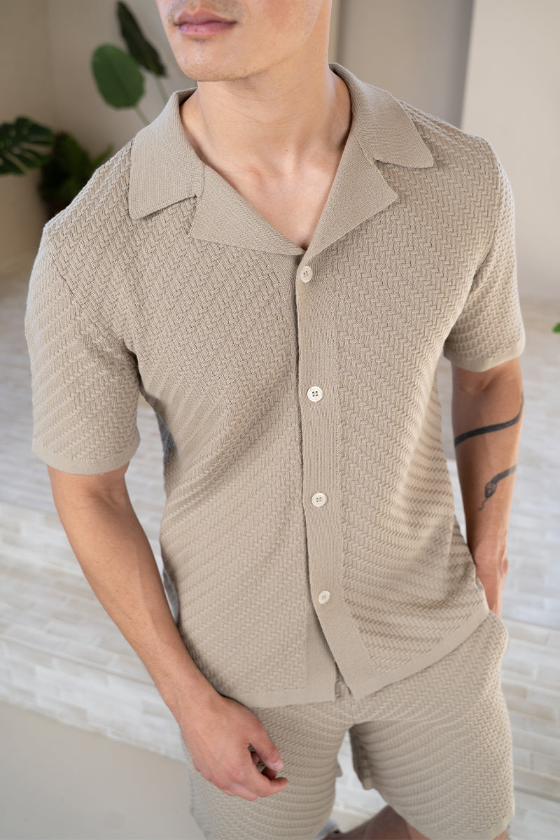 Herringbone Revere Collar Shirt - Taupe