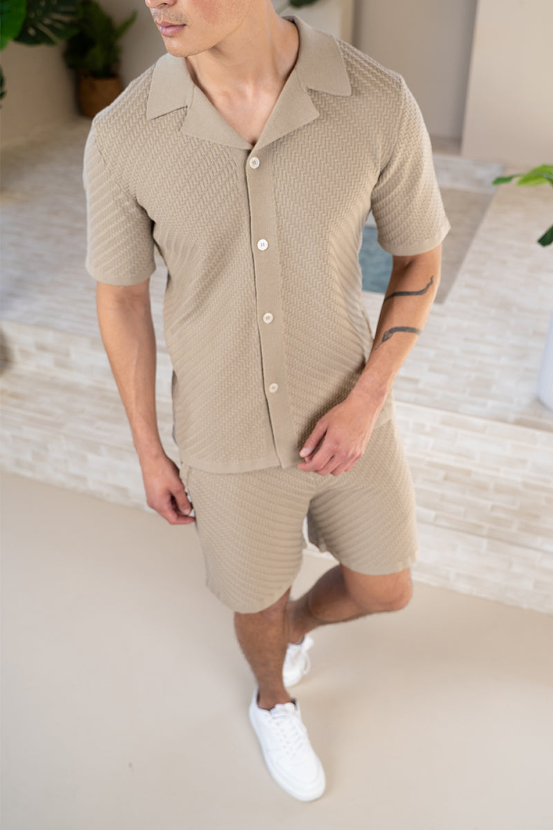 Herringbone Revere Collar Shirt - Taupe