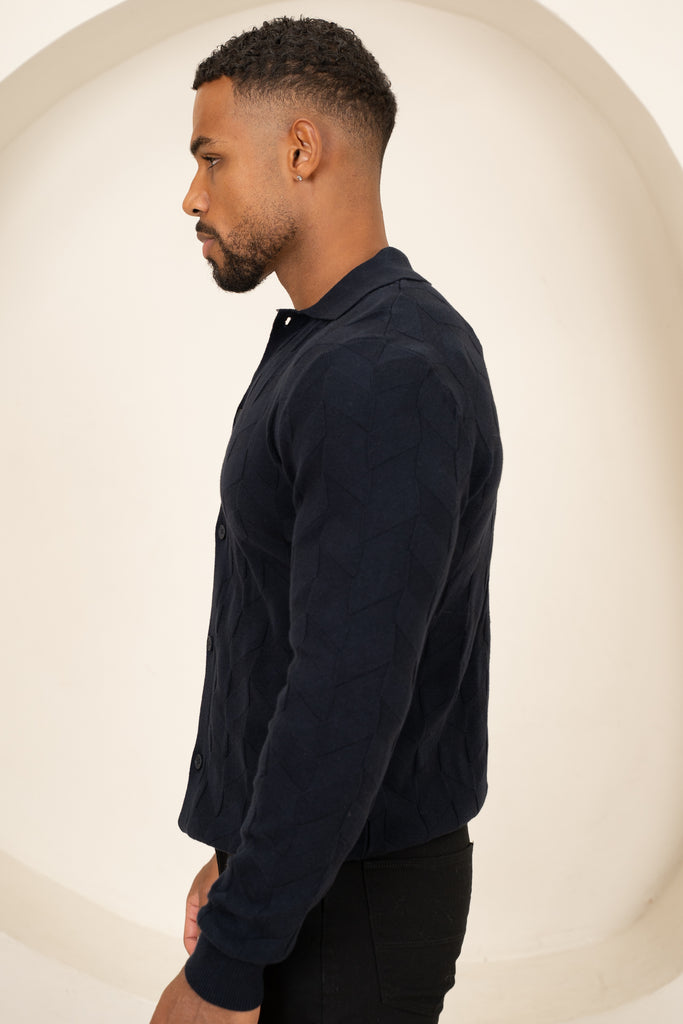 Textured Pattern Button Up Cardgian - Navy