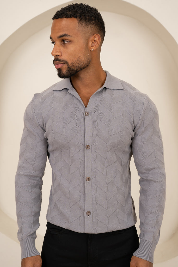 Textured Pattern Button Up Cardgian - Light Grey