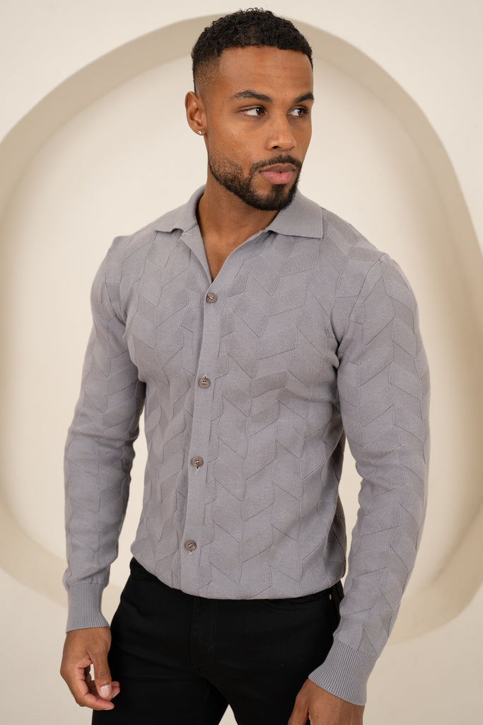 Textured Pattern Button Up Cardgian - Light Grey