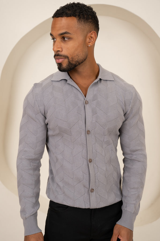 Textured Pattern Button Up Cardgian - Light Grey