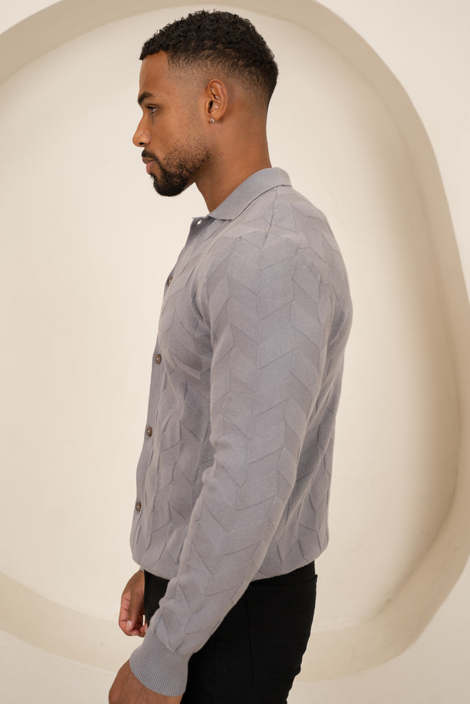 Textured Pattern Button Up Cardgian - Light Grey
