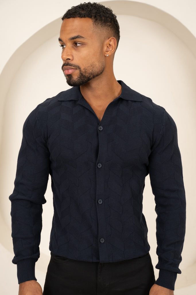 Textured Pattern Button Up Cardgian - Navy
