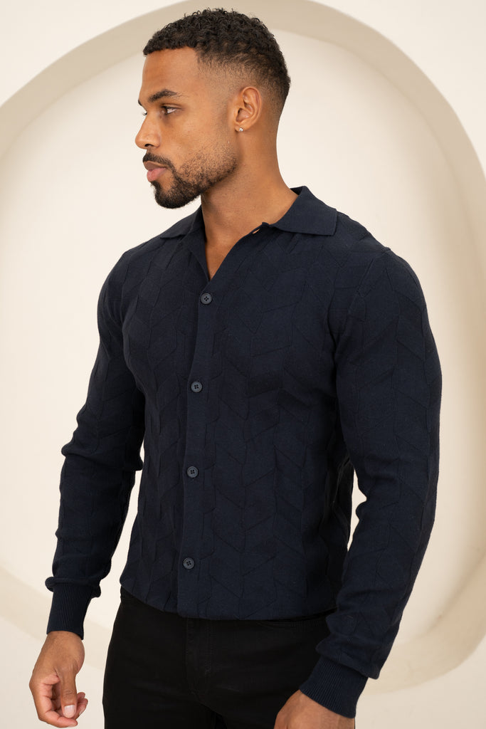 Textured Pattern Button Up Cardgian - Navy