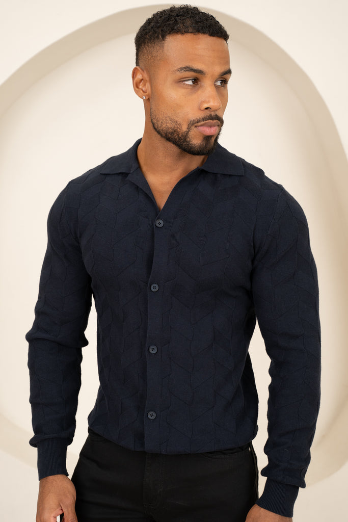 Textured Pattern Button Up Cardgian - Navy