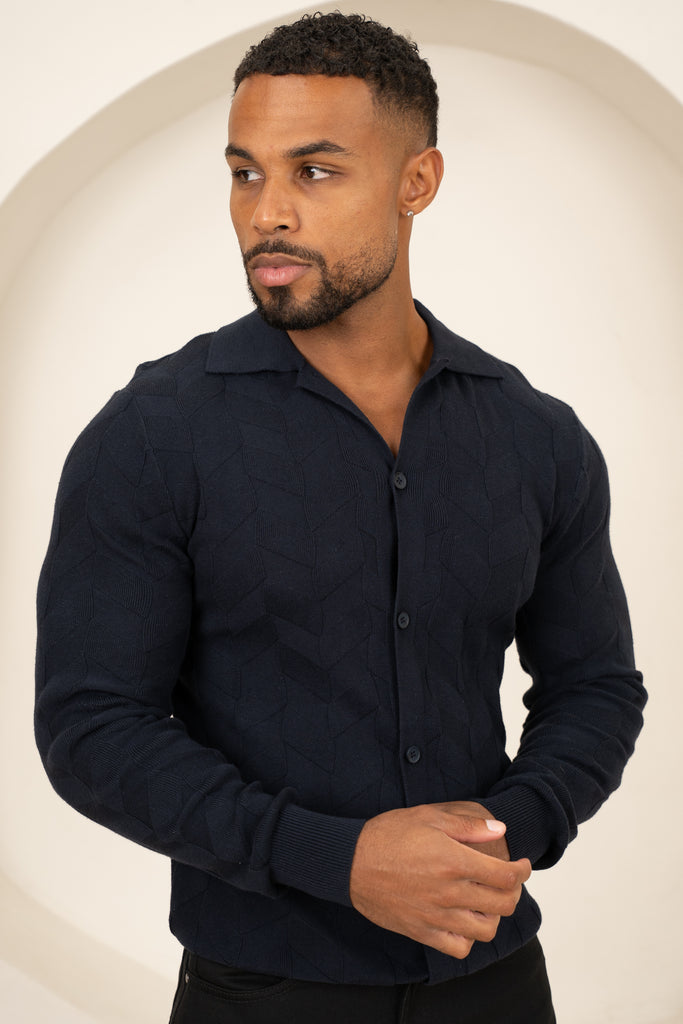 Textured Pattern Button Up Cardgian - Navy