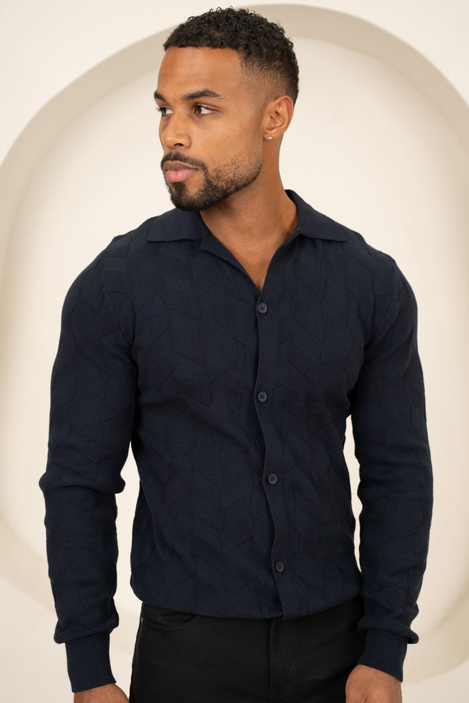 Textured Pattern Button Up Cardgian - Navy