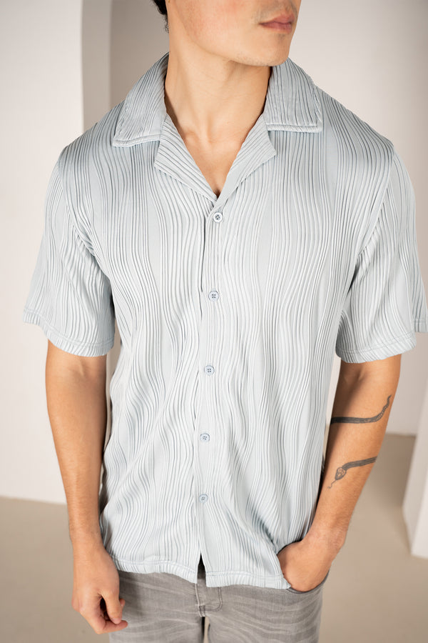 Ripple Texture Slim Fit Button Through Shirt - Pale Blue