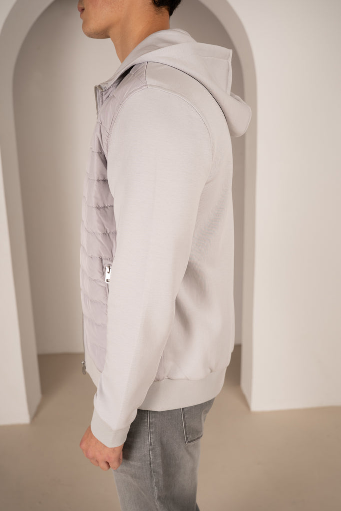 Hybrid Quilted Zip Through Hooded Jacket - Light Grey