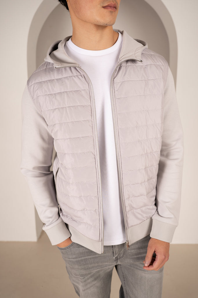Hybrid Quilted Zip Through Hooded Jacket - Light Grey