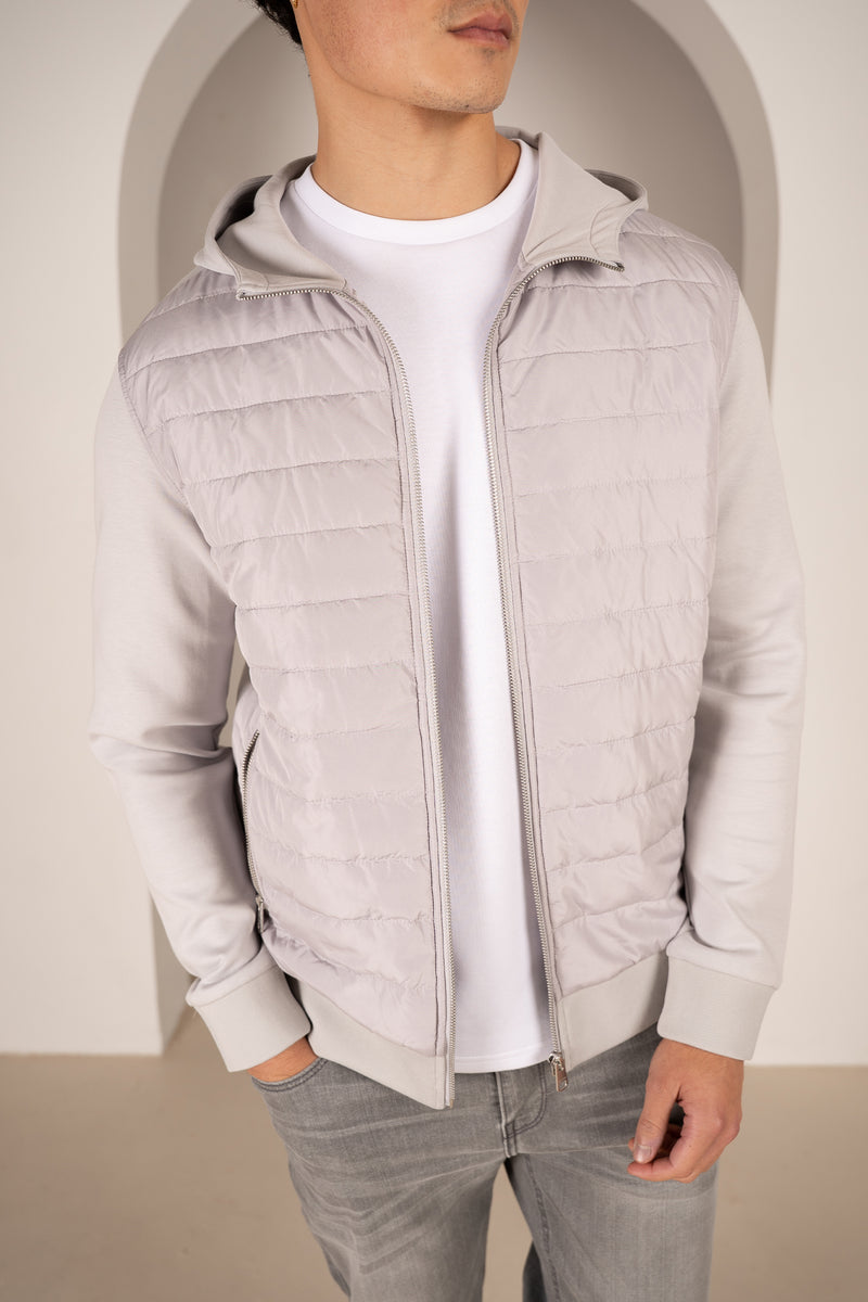 Hybrid Quilted Zip Through Hooded Jacket - Light Grey