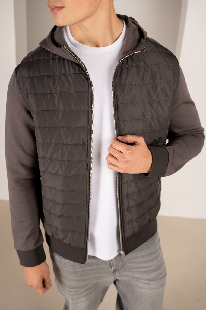 Hybrid Quilted Zip Through Hooded Jacket - Charcoal