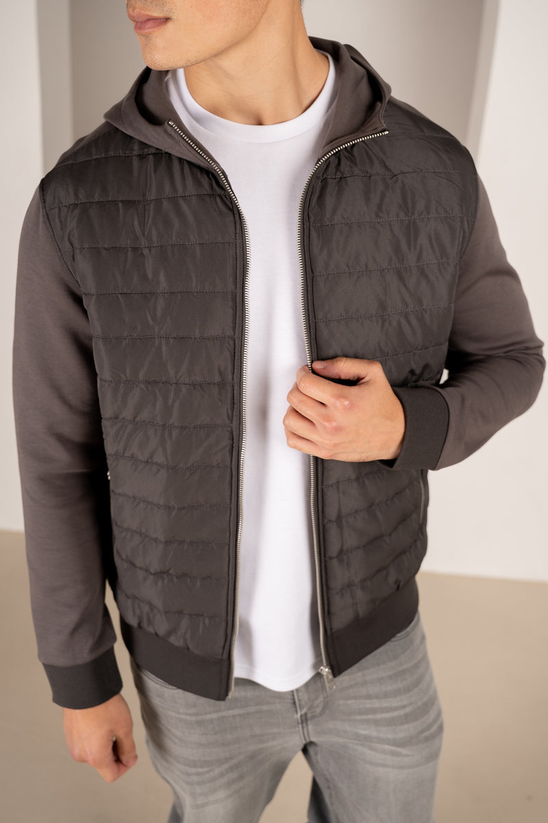Hybrid Quilted Zip Through Hooded Jacket - Charcoal