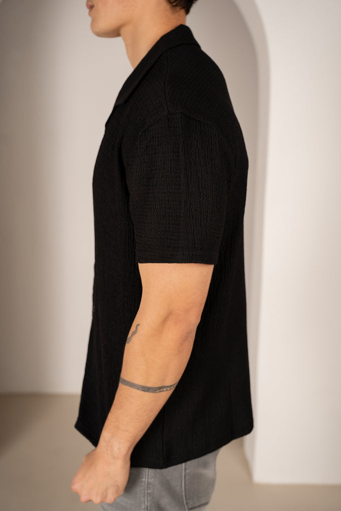 Chemise à col à revers en seersucker - Noir