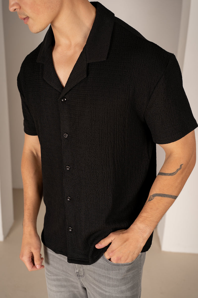 Chemise à col à revers en seersucker - Noir