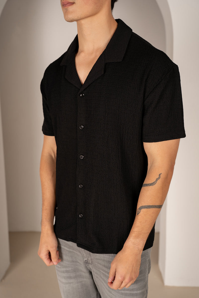 Chemise à col à revers en seersucker - Noir