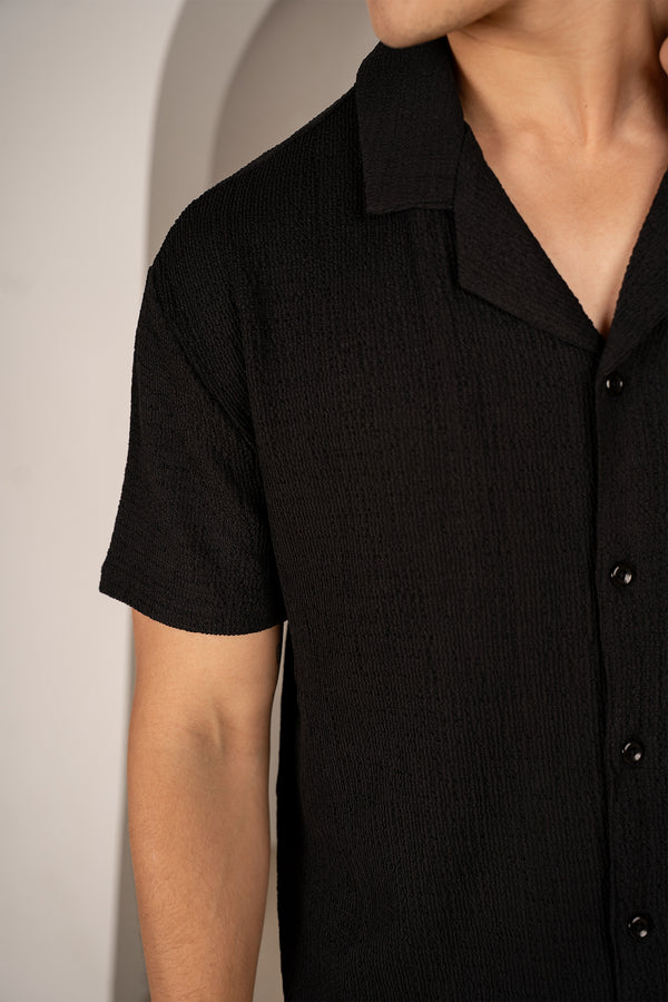 Seersucker Revere Collar Shirt - Black