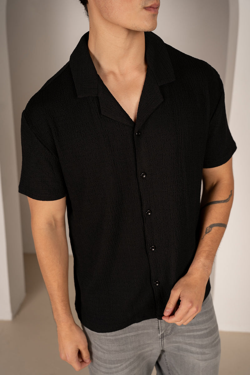 Chemise à col à revers en seersucker - Noir