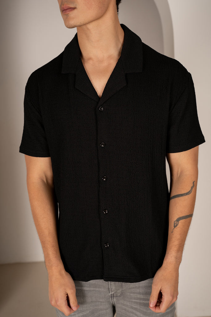 Chemise à col à revers en seersucker - Noir