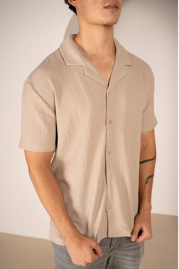 Seersucker Revere Collar Shirt - Taupe