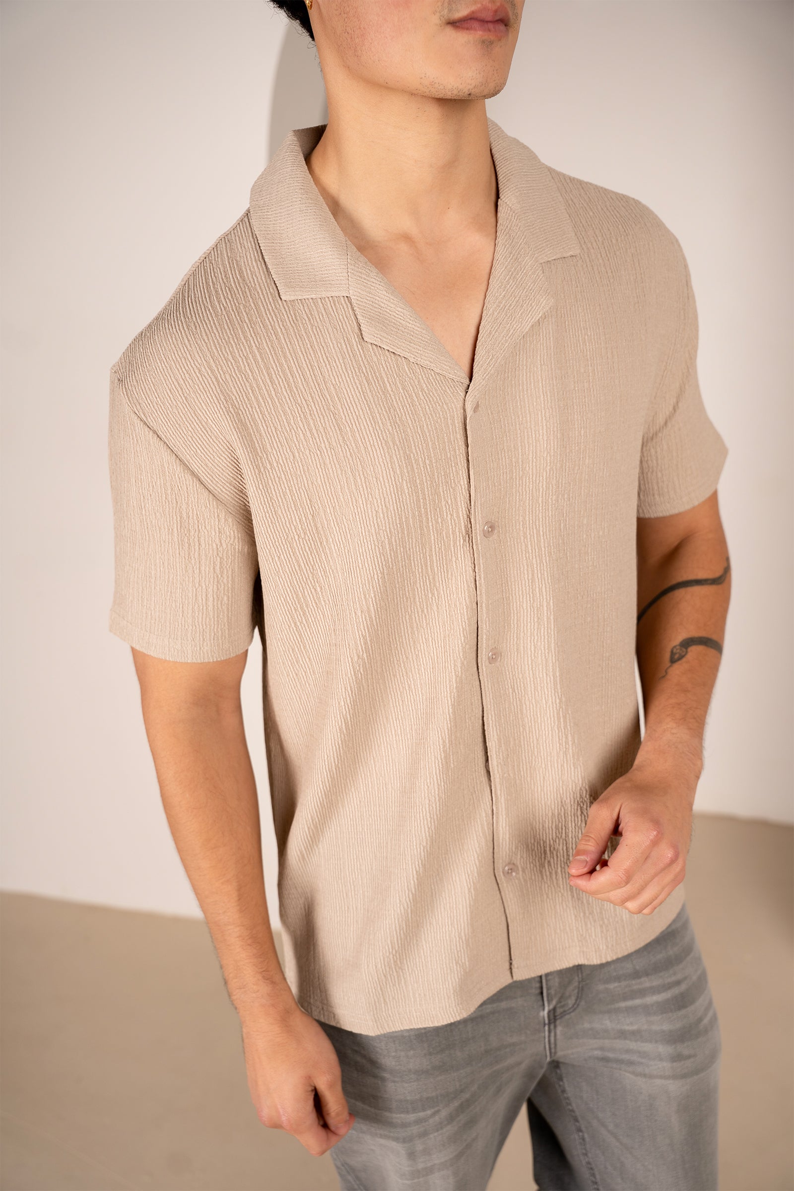 Seersucker Revere Collar Shirt - Taupe