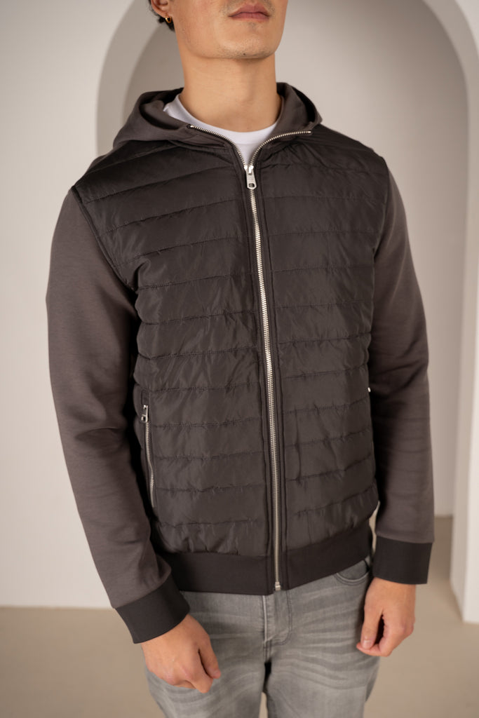 Hybrid Quilted Zip Through Hooded Jacket - Charcoal