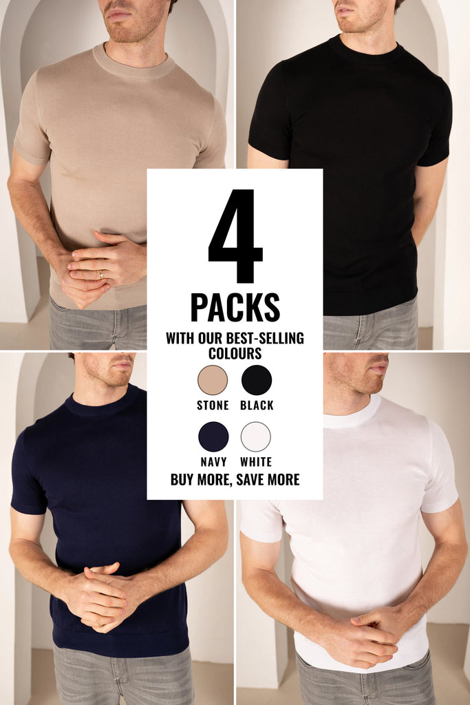 Ultra Fine Slim Fit Knit T-Shirt - 4 Colours (Navy, White, Black and Stone) - 4 Pack
