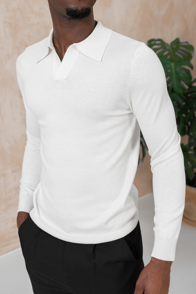 Premium Knitted Long Sleeve Open Neck Polo - Ecru