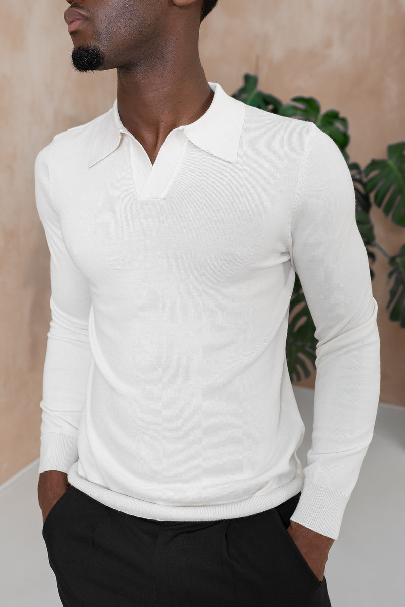 Premium Knitted Long Sleeve Open Neck Polo - Ecru