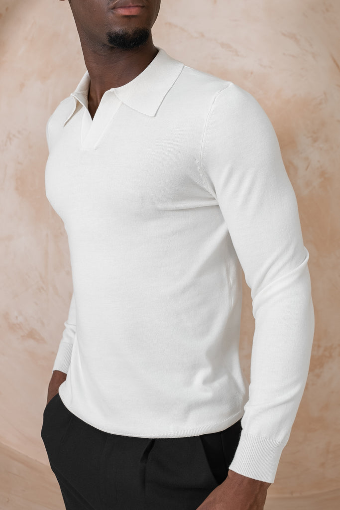 Premium Knitted Long Sleeve Open Neck Polo - Ecru