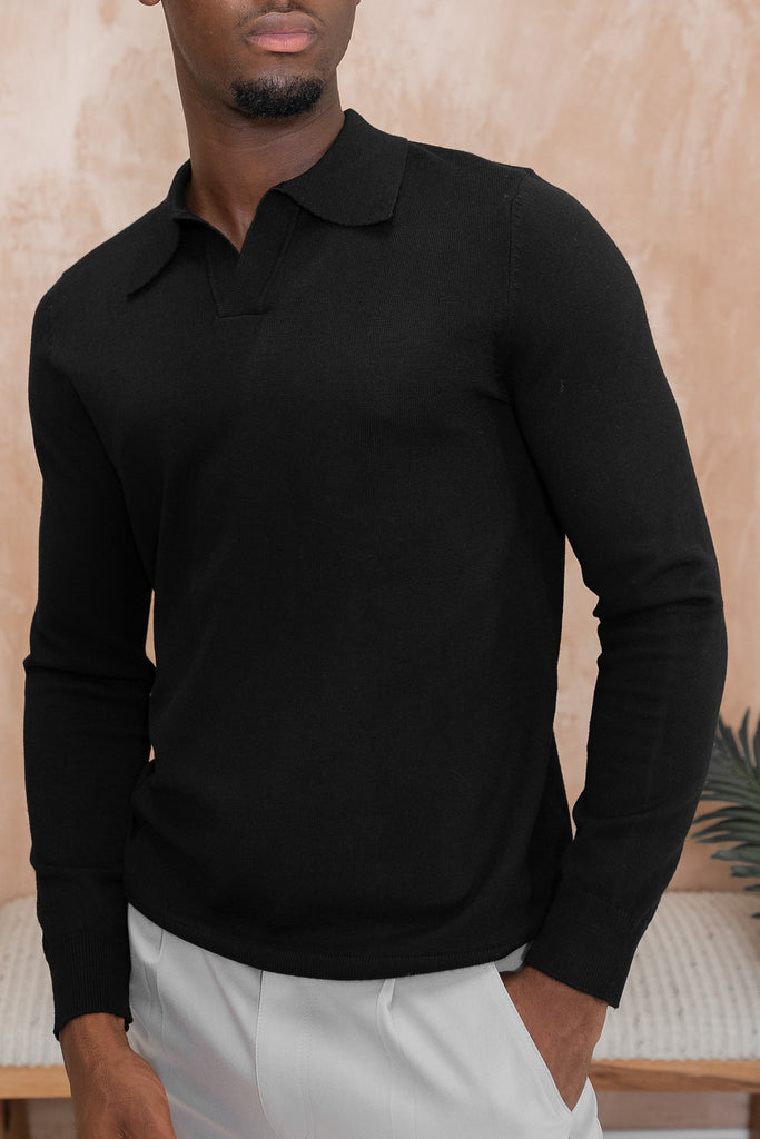 Premium Knitted Long Sleeve Open Neck Polo - 3 Colours Pack (Navy, Ecru, Black) - 3 Pack