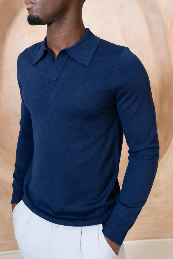 Premium Knitted Long Sleeve Open Neck Polo - Navy