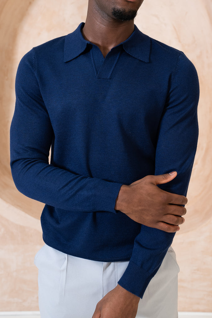 Premium Knitted Long Sleeve Open Neck Polo - Navy