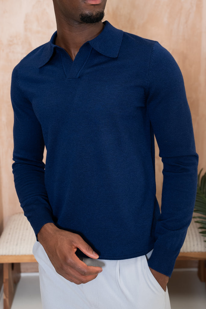 Premium Knitted Long Sleeve Open Neck Polo - Navy