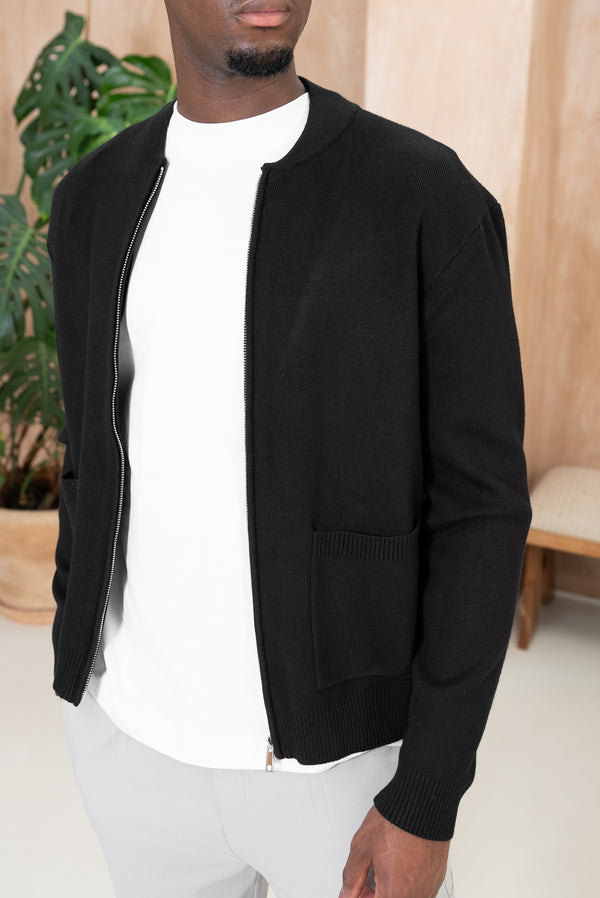 Knitted Zip Up Bomber Jacket - Black