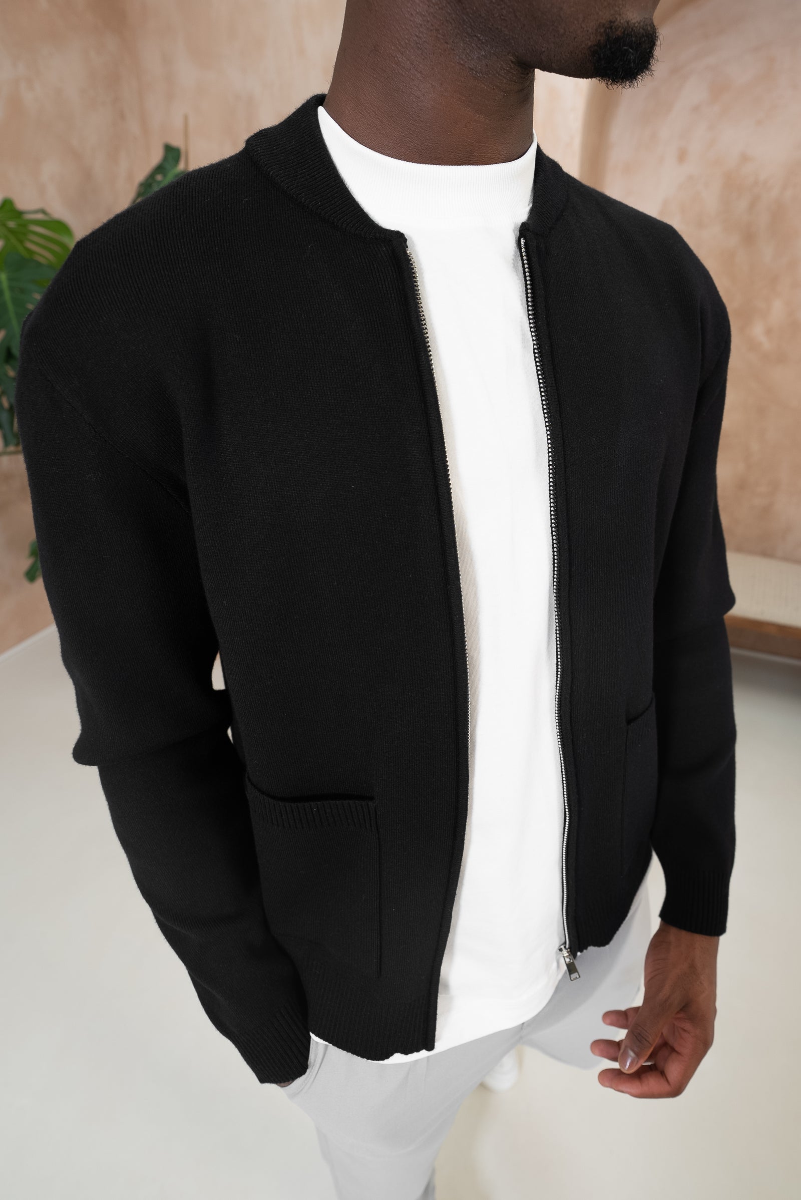 Knitted Zip Up Bomber Jacket - Black – Choix UK