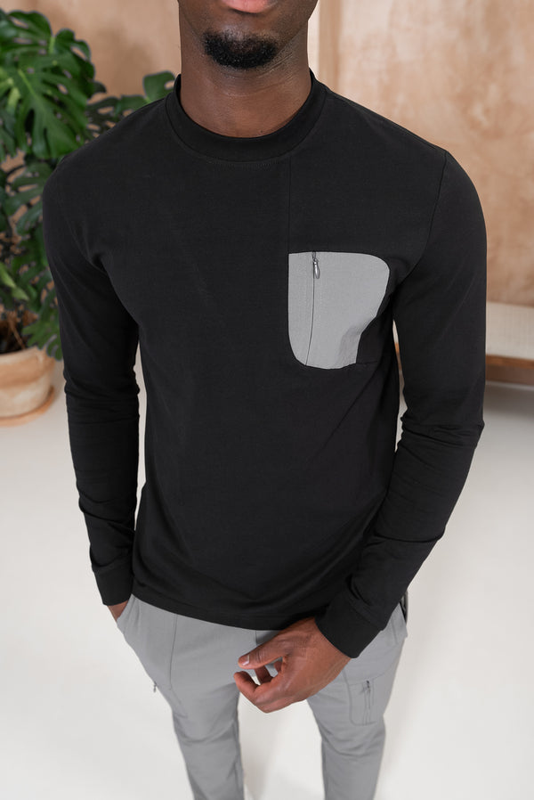 Tailored Tech Long Sleeve Pocket T-Shirt - Black/Charcoal