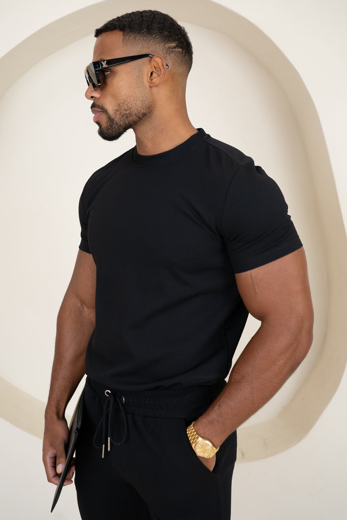 Waffle Knit Slim Fit T-Shirt - Black