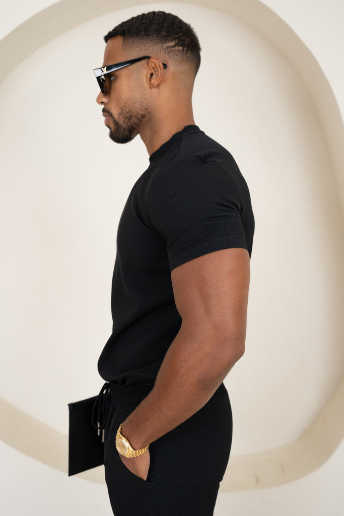 Waffle Knit Slim Fit T-Shirt - Black