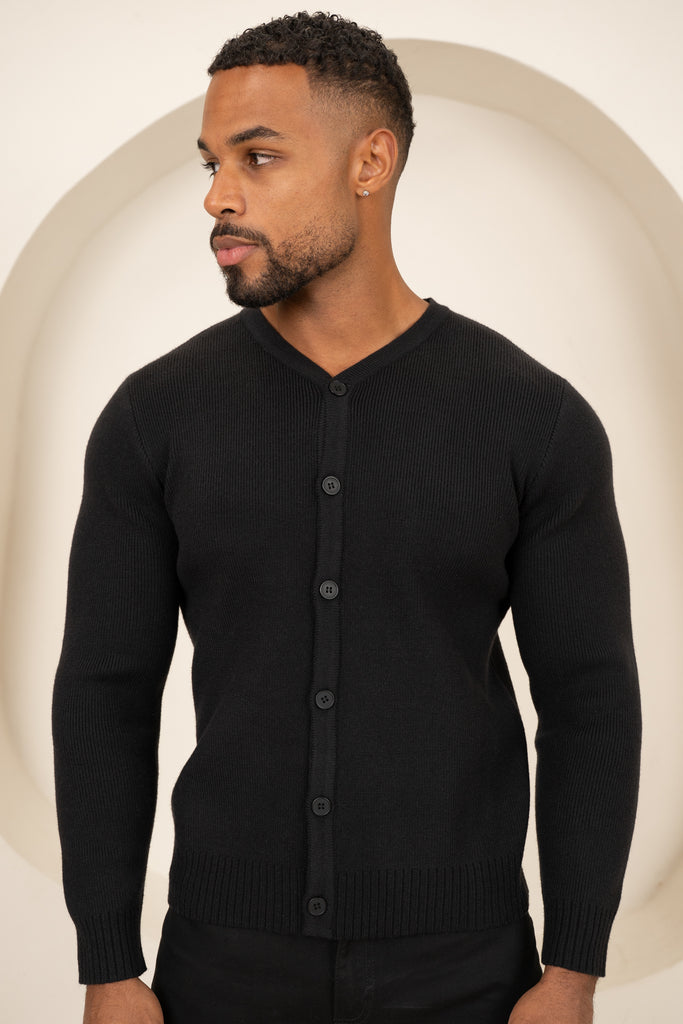 Y Neck Button Up Cardigan - Black