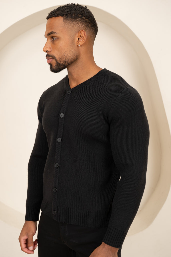Y Neck Button Up Cardigan - Black