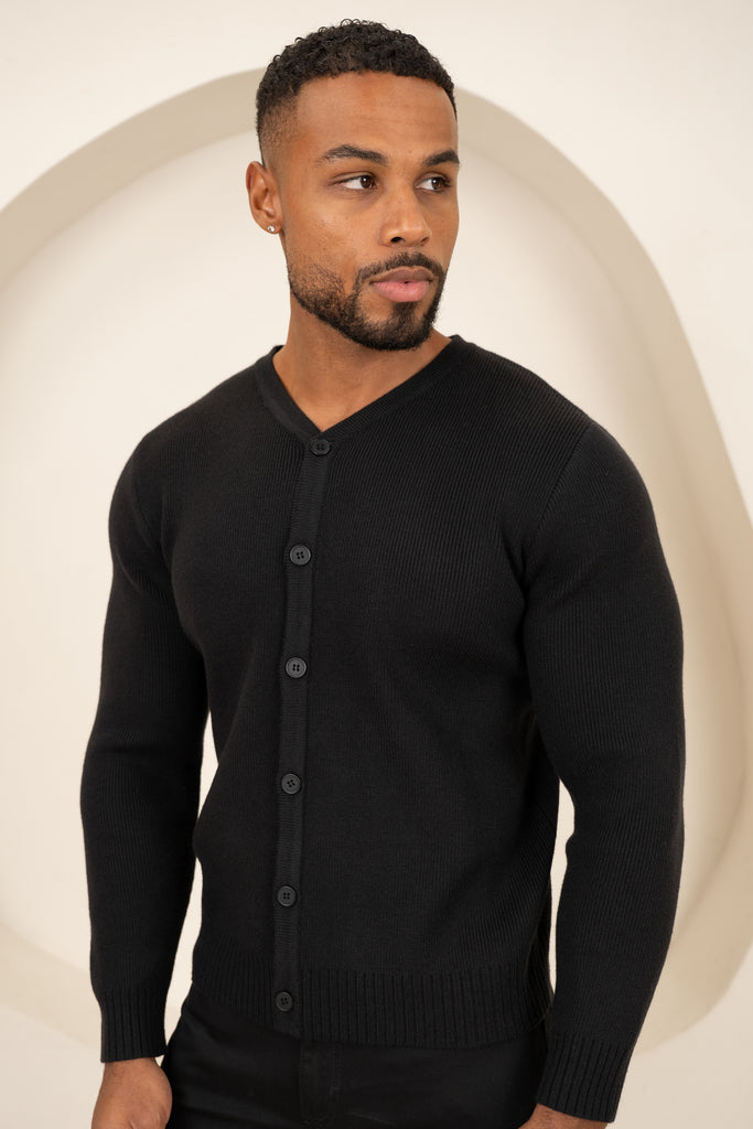 Y Neck Button Up Cardigan - Black