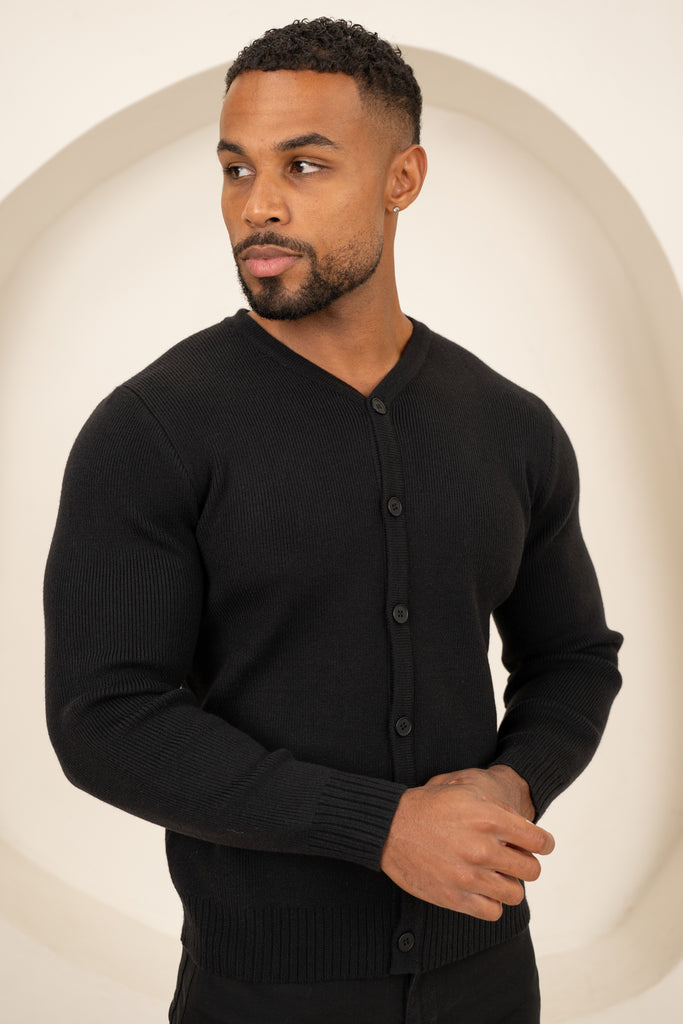 Y Neck Button Up Cardigan - Black