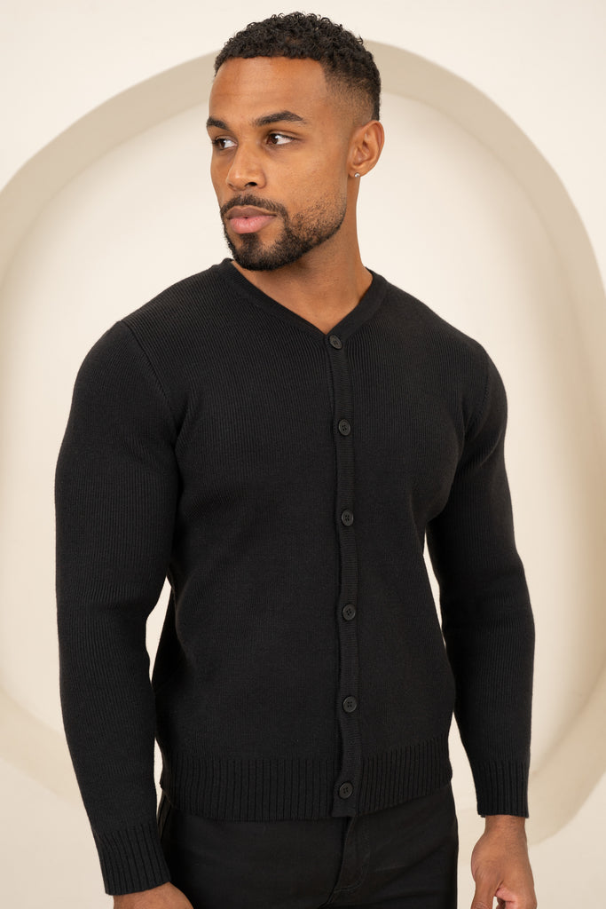 Y Neck Button Up Cardigan - Black